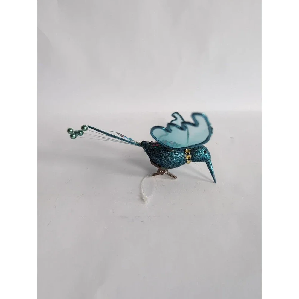 Clip-On Teal Blue Hummingbird Glitter Ornament Tulle Wings - Picture 2 of 4